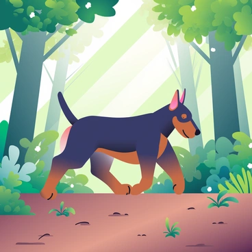 A doberman with a sleek black and tan coat is walking through a lush green forest. Sunlight filters through the dense canopy of leaves above, creating dappled patches of light on the forest floor. The doberman’s ears are perked up, and its tail is raised as it explores the surroundings. Vibrant green ferns and small wildflowers surround the dog, and the rich brown earth is carpeted with fallen leaves and small twigs. In the background, tall trees with thick trunks and a variety of foliage create a serene and inviting atmosphere.