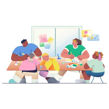 A family of four is gathered around a large wooden table, each person focused on creating illustrations together. The father has dark hair and is wearing a blue T-shirt, holding a paintbrush in his right hand. The mother, with curly brown hair tied back, is sitting across from him, applying vibrant colors to a piece of paper in front of her. The two children, a boy and a girl, are enthusiastically painting; the boy, with short blond hair, is wearing a yellow smock and is mixing colors on a palette, while the girl, with pigtails, is smiling as she adds details to her artwork. Various tubes of paint and brushes are scattered across the table, and colorful pieces of paper with illustrations in progress are displayed around them. A large window in the background allows soft, natural light to illuminate the scene.