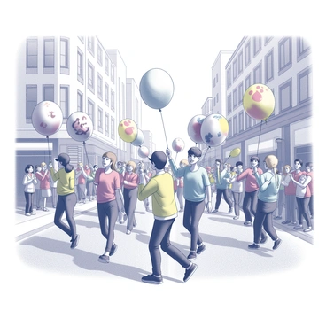 A parade of people is walking down a bustling street. Each person is holding a balloon animal of various breeds, including dogs, cats, and elephants. The individuals are dressed in colorful clothing, showcasing a variety of patterns and styles. The street is lined with tall buildings, and there are several onlookers watching the parade. Some of the spectators are clapping and smiling, while others are taking photographs. The atmosphere is lively, with the scene filled with a sense of joy and celebration.