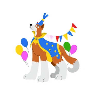 A tall, elegant borzoi with a long, flowing coat stands proudly in a whimsical costume for a pet parade. The costume features bright colors, including a vibrant blue cape decorated with golden stars and a matching hat with a large feather on top. The borzoi's expressive eyes gleam with excitement, while its graceful posture showcases the intricate details of the outfit. Surrounding the borzoi are cheerful decorations, such as colorful balloons and banners, enhancing the festive atmosphere of the parade.