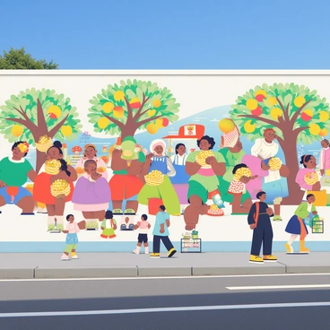 A large mural is painted on a city wall, illustrating a vibrant scene of a "grusha harvest festival." The mural features several people, including men and women, joyfully picking ripe grushas from trees. Some individuals are holding baskets filled with golden and red fruits, while others are playing traditional instruments. Children are seen dancing around, wearing colorful outfits. In the background, there are colorful decorations and stalls displaying various foods and crafts, creating a lively atmosphere. The sky is a bright blue, complementing the rich colors of the festival scene.