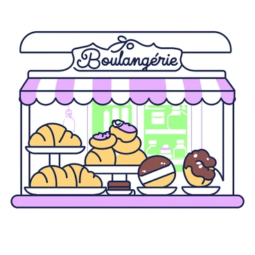 A display of assorted pastries is arranged in a boulangerie window. The selection includes croissants, éclairs, and tarts, all beautifully presented on ceramic plates. The croissants are golden-brown, with flaky layers, while the éclairs are topped with glossy chocolate icing. Various fruit tarts are adorned with slices of fresh fruit and a shiny glaze. Behind the pastries, the boulangerie's interior is visible, featuring wooden shelves and jars filled with ingredients. Above the window, a sign reads "Boulangerie" in elegant lettering.