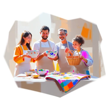 A group of four participants stands together, each proudly displaying their completed crafts. One participant, a woman with long brown hair, holds up a vibrant, hand-painted ceramic bowl. Next to her, a man with short black hair shows off a woven basket that features intricate patterns. A third participant, a middle-aged person with glasses, holds a colorful quilt draped over their arm, showcasing various fabric designs. The fourth participant, a young girl with curly hair, beams as she presents a handmade bracelet adorned with beads. Each person's face radiates satisfaction and joy as they engage with one another in a lively setting filled with art supplies and crafting materials.