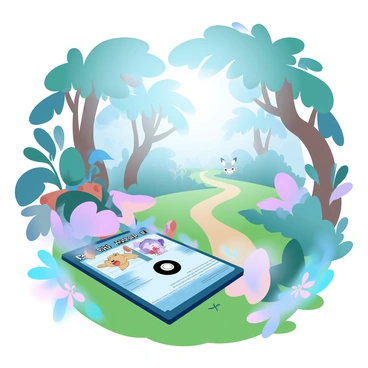 A character from a Pokémon card is depicted in the center of the image, showcasing the card's size as the focal point. The character is wearing a vibrant outfit with various gear for an adventure. Surrounding them are elements of a lush forest, including tall trees with sprawling branches and colorful flowers. In the background, a winding path leads deeper into the forest. The card itself is laid flat on a grassy surface, emphasizing its details and artwork. A few small creatures resembling Pokémon can be seen peeking from behind the trees, adding to the sense of exploration. Light filters through the leaves, creating a dynamic play of shadows and highlights across the scene.