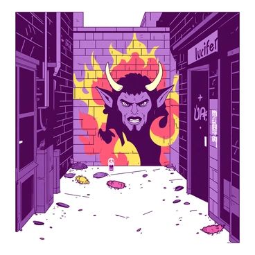 A vibrant duotone mural of "Lucifer" is painted on an old, weathered brick wall in a narrow urban alleyway. The mural features "Lucifer" with striking features, including sharp horns and intense eyes that capture attention. Surrounding the figure, intricate details of flames and swirling patterns enhance the scene. The alleyway is lined with scattered debris, including empty bottles and pieces of broken glass reflecting the light. Above the mural, there are hints of other graffiti tags, adding to the urban atmosphere.