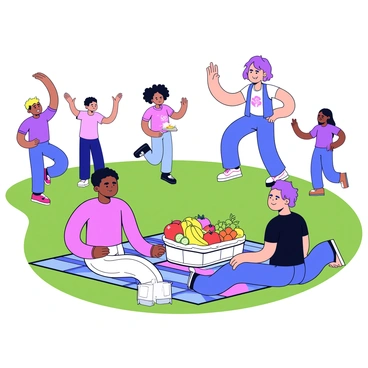 A family sitting on a colorful picnic blanket spread across a green lawn. The picnic includes a large basket filled with a variety of fruits like red apples, yellow bananas, and green grapes, along with fresh vegetables such as bright orange carrots and crunchy cucumber slices. In the background, a fitness trainer is demonstrating exercises to a group of individuals, who are following along. The trainer is wearing a sporty outfit and showing different workout poses.
