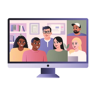A digital flat illustration depicting a computer screen showing a virtual meeting with a diverse team of individuals. There are five participants visible on the screen. On the left side, a woman with dark skin and curly hair is smiling while wearing a yellow blouse. Beside her, a man with light skin and short black hair is wearing glasses and a blue button-up shirt. In the center, a woman with brown skin and straight black hair is dressed in a green sweater. On the right side, a man with medium skin and a beard is wearing a red t-shirt and a baseball cap. Next to him, a woman with light skin and blonde hair in a ponytail is wearing a white top. Each participant has a unique background, such as bookshelves, plants, and artwork, enhancing their individual environments. The computer screen has visible icons for software tools below the participants.