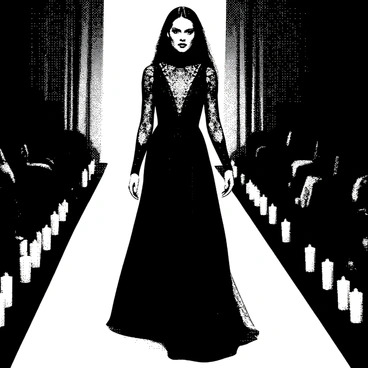 A model is walking down a runway, showcasing a gothic fashion collection. The model has long dark hair styled dramatically, and she is wearing a long flowing black gown with intricate lace details. The gown features layered textures and a high collar. The runway is lined with numerous candles, casting soft light and creating shadows, enhancing the dramatic atmosphere. The background consists of elegant drapery that complements the gothic theme. The model's expression is confident and fierce as she walks with poise.