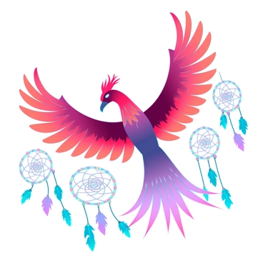A vibrant phoenix with fiery red and orange feathers is soaring gracefully through the air. Its wings are extended wide, showcasing intricate patterns that resemble glowing embers. Surrounding the phoenix are several shimmering dreamcatchers, each one adorned with colorful beads and feathers that catch the light. The dreamcatchers hang in the air, their delicate webs glistening as if illuminated by an ethereal glow. The background is a soft gradient of blues and purples, enhancing the otherworldly atmosphere of the scene. The phoenix's eyes are bright and fierce, radiating a sense of power and majesty.