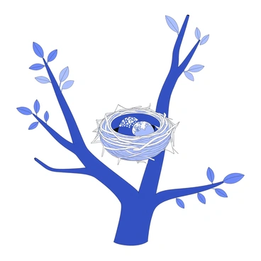 A bird’s nest is perched high in a tree. The nest is made of twigs and leaves, intricately woven together. Inside the nest, there are several eggs arranged carefully, showcasing various patterns and shapes. The tree branches extend outward, with leaves surrounding the nest, creating a natural setting. The nest is situated against a clear sky, emphasizing its elevation.