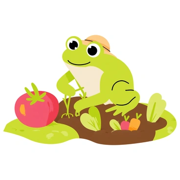 A green toad with large, expressive eyes is carefully tending to a vegetable garden. The toad is wearing a small straw hat as it pulls weeds from the soil. Surrounding the toad are various vegetables, including bright red tomatoes, leafy green lettuce, and orange carrots peeking out of the earth. The garden is nestled in a patch of rich brown soil, dotted with patches of vibrant green grass. The afternoon sun casts warm light across the scene, illuminating the toad and the colorful vegetables, creating a cheerful atmosphere.