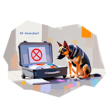A police dog with a sleek black and tan coat is intently sniffing a large, open suitcase. The suitcase is situated on a concrete surface, showing signs of wear and travel. Prominently placed on the suitcase is a large red circle with a bold white "No" symbol, indicating prohibition. Nearby, a sign reads "4th Amendment" in clear, large letters, emphasizing the theme of privacy and search. The dog's ears are perked up, and its nose is close to the suitcase, showcasing its focus and training. The scene conveys a sense of diligence and purpose.
