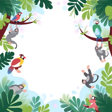 A vibrant rainforest canopy filled with lush green leaves and various shades of foliage. Colorful birds with bright feathers are perched on branches, showcasing red, blue, and yellow hues. Playful monkeys are swinging from branch to branch, some hanging upside down while others are playfully leaping in the air. Sunlight filters through the leaves, creating a dappled effect on the forest floor below.