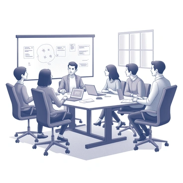 A group of five individuals gathered around a modern conference table, engaged in an animated brainstorming session. They are seated on sleek, ergonomic chairs that promote active discussion. The table is cluttered with various high-tech gadgets such as laptops, tablets, and smartphones. Large whiteboards are filled with sketches and notes, showcasing their ideas. Behind them, large windows allow natural light to fill the dynamic workspace, which features minimalistic furniture and an open layout design. The atmosphere is focused, with each team member contributing their thoughts and insights.