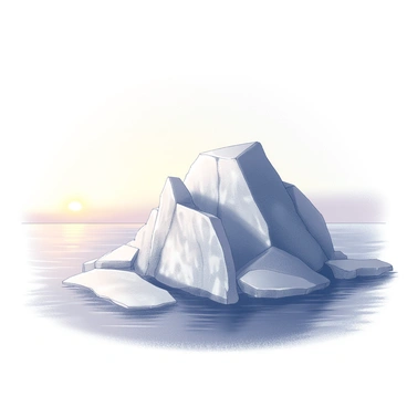 An iceberg floating in the ocean, illuminated by the pink and orange hues of sunrise