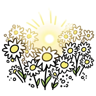 A field of white daisies with yellow centers, densely scattered across the ground. The daisies are illuminated by soft, golden light from the rising sun, creating a warm glow across the scene. Each petal displays dew drops that glisten like tiny diamonds, enhancing the freshness of the morning. The sky in the background is a gradient of soft oranges and yellows, further emphasizing the beauty of the early hour.