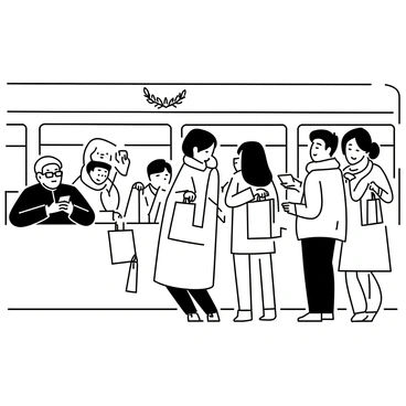 A crowded bus interior filled with passengers. The scene shows a diverse group of people, including a middle-aged woman with short hair wearing a winter coat, holding several shopping bags. A young couple, a man with a beanie and a woman with long hair, are also standing close together, each carrying large shopping bags filled to the brim. An elderly man with glasses and a scarf is sitting by the window, looking at his phone. The bus is decorated with subtle holiday-themed elements, like a small wreath above the driver’s seat. The atmosphere reflects the hustle and bustle of the holiday season as passengers jostle for space.