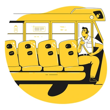 A driver, a middle-aged man with short hair and wearing a uniform, is seated in the driver's seat of a yellow school bus. He is inspecting the seat belts, pulling on them to ensure they are secure. The interior of the bus features rows of seats with reinforced seat belts visible. Safety features such as a first aid kit and a fire extinguisher are mounted on the walls. The bus has large windows allowing light to enter, highlighting the driver's focused expression as he conducts his safety check.
