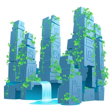An ancient Runeterra ruin with towering stone structures partially covered in thick, overgrown vines. The stones are weathered and crumbling, revealing intricate carvings and markings that hint at a long-lost civilization. Sunlight filters through the dense foliage, casting dappled shadows on the ground. Moss blankets various surfaces, and small ferns sprout from the gaps in the stone. A serene waterfall flows nearby, creating a gentle mist that enhances the mystical atmosphere of the scene.
