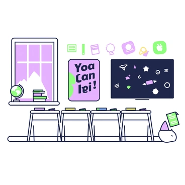 A classroom setting with colorful educational decorations on the walls. In the center, there is a prominent poster mounted on the wall that reads "You Can Do It!" in bold letters. The poster has a green border and is positioned above a row of desks. Each desk is neatly arranged with books, notebooks, and writing utensils. A large window on one side allows natural light to fill the room, illuminating a chalkboard filled with chalk notes. A globe and a stack of books are placed on a nearby shelf, adding to the academic atmosphere.