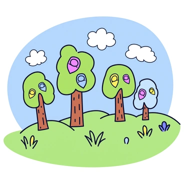 A series of trees with colorful guitar picks as leaves, standing tall on a gently rolling hillside. The trunks of the trees are textured and brown, resembling traditional tree bark. The background features a bright blue sky dotted with fluffy white clouds. The landscape includes playful hills in shades of green and patches of wildflowers in various colors. The scene captures the harmony between nature and music, with the guitar picks glinting in the sunlight.