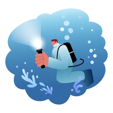A diver is submerged in the dark ocean water, wearing a wetsuit and holding a bright torch that illuminates the surrounding area. The beam of light from the torch creates a glowing path through the deep blue water, revealing various underwater plants and marine life. Bubbles rise around the diver as they explore the depths, with faint shadows of fish darting in and out of visibility. The dark expanse of the ocean surrounds them, creating a sense of depth and mystery.