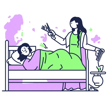 "Samson" is lying peacefully asleep on a simple wooden bed. The room is dimly lit, creating a quiet atmosphere. Delilah is positioned beside him, her focused expression revealing her intentions. She has long, flowing hair and is dressed in a flowing gown. In her hand, she holds a pair of scissors, poised just above Samson's long hair, about to make the cut. Strands of his hair, catching the light, are falling gently onto the bed. A small, ornate comb lies on the bedside table nearby. The moment captures the tension of betrayal, as various shadows play on the walls and floor, enhancing the scene's emotional weight.
