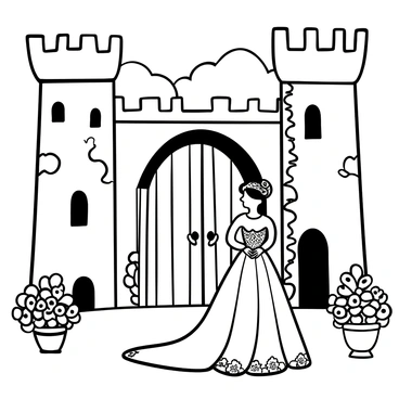 A bride standing elegantly in a castle courtyard, wearing an elaborate gown adorned with intricate lace and delicate embroidery. The gown features a long train that flows gracefully behind her. Surrounding her are tall stone walls of the castle, with ivy climbing up the sides, and a majestic wooden door that serves as a backdrop. Flanking the courtyard are blooming flowers in ornate planters, adding a touch of romance to the scene. The sky above is filled with soft, fluffy clouds.