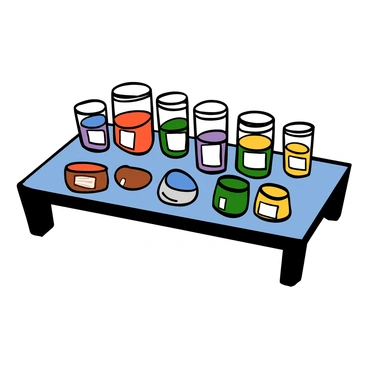 A glass table displaying a vibrant palette of tattoo inks. The inks are arranged in various containers, showcasing a spectrum of colors including deep reds, bright blues, rich greens, and sunny yellows. The light reflects off the smooth surface of the table, enhancing the vivid hues of the inks. Each container is labeled with its color name, and the overall composition creates an eye-catching, colorful scene.