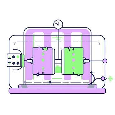 An electric field experiment is being conducted inside a vacuum chamber. The chamber has transparent walls, allowing a clear view of the interior setup. In the center of the chamber, there are two parallel metal plates facing each other, creating the electric field between them. Wires extend from each plate, leading to a power supply outside the chamber. Floating between the plates are small, charged particles that demonstrate the electric field lines. The background of the chamber features a vacuum gauge and a control panel with various buttons and indicators.