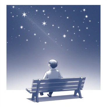 A person sitting on a bench stargazing in a clear night sky