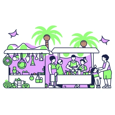 A bustling Taino market is filled with various stalls showcasing an array of crafts and produce. On the left, a stall displays intricately woven baskets and colorful pottery, while next to it, another stall is laden with fresh fruits and vegetables, including bananas and yuca. In the center, vendors are engaged in lively discussions with customers, and a child is reaching for a vibrant hand-carved wooden figurine. Behind the stalls, palm trees sway gently in the breeze, and colorful banners flutter overhead, adding to the lively atmosphere of the market.