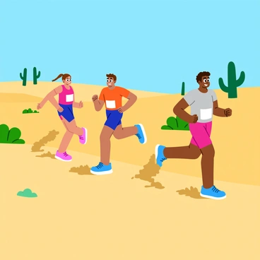 A group of determined runners is tackling a challenging relay race across a sandy desert. The runners wear bright, colorful athletic gear, showcasing their team colors, while their feet kick up fine grains of sand as they sprint forward. In the background, several tall, green cacti rise against the clear blue sky, adding contrast to the warm tones of the desert. The sun casts dynamic shadows on the ground, emphasizing the intensity of the race.