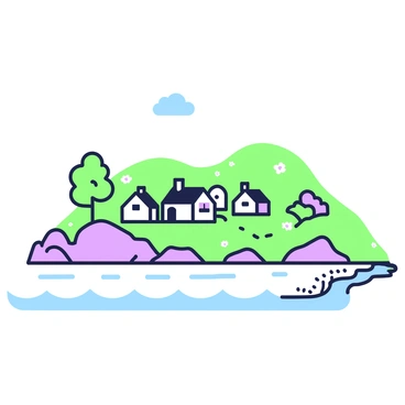 A small village is nestled in rolling hills, viewed from the coast of an island. The village features several quaint cottages with sloping roofs and chimneys, surrounded by lush greenery. In the foreground, the coastline is marked by gentle waves lapping against smooth rocks. There are a few trees positioned along the shoreline, partially framing the village in the distance. The hills rise gently behind the village, dotted with patches of grass and wildflowers, leading up to a clear sky above.