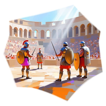 A Roman coliseum with towering stone arches and a sandy arena floor is filled with anticipation. Inside the arena, several gladiators are preparing for battle. One gladiator, muscular and wearing a helmet, grips a gladius tightly in one hand, while another, adorned in leather armor, sharpens a trident. A third gladiator, dressed in chainmail, holds a large shield and monitors the surroundings. The atmosphere is tense as the spectators in the stands are visible, eagerly awaiting the combat to begin. Sunlight streams down onto the arena, casting shadows of the gladiators on the sandy ground.