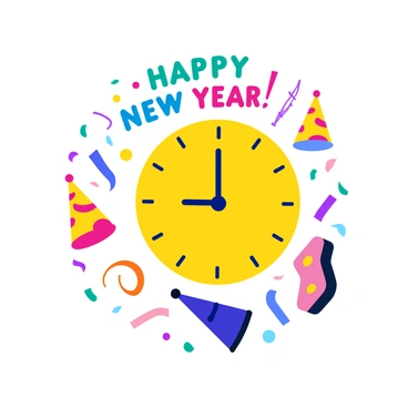 A New Year's Eve invitation featuring a large, round clock showing the time as midnight. The clock is surrounded by vibrant, colorful confetti scattered across the background. The invitation includes "Happy New Year!" in bold, festive lettering at the top. Below the clock, there are decorative elements like party hats and streamers, adding a celebratory feel to the design. The overall composition is bright and filled with lively colors, conveying a sense of joy and excitement for the upcoming year.