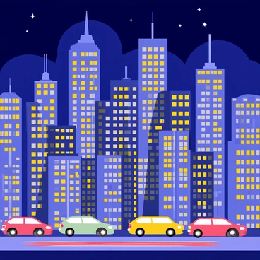 A city skyline at night filled with tall skyscrapers, each window glowing with warm yellow and white lights. The buildings have various architectural styles, some with sleek glass facades and others with intricate stone details. Below, colorful cars are moving along busy streets, their headlights and taillights creating streaks of red and white light. The sky above is a deep blue, sprinkled with a few stars, adding to the vibrant night atmosphere.