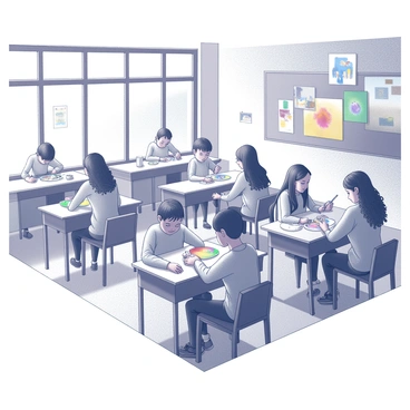 An art classroom with students seated at desks, each using a different brush