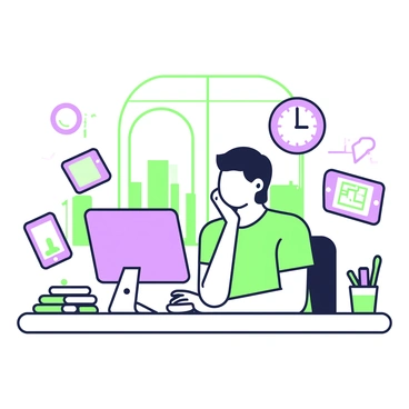 A person is sitting at a desk with a computer in front of them. They have a thoughtful expression, resting their chin on their hand as they gaze at the screen. Surrounding them are various symbols of technology, including a smartphone, a tablet, and a stack of circuit boards. On the desk, there is a cup holding green pens and a purple notebook with a digital design on the cover. Behind the person, a large window reveals a skyline with buildings, while a wall clock ticks in the background.