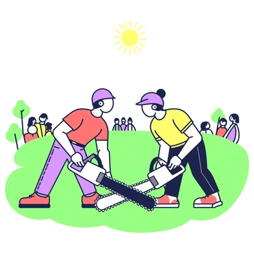 Two friends are positioned side by side in an open field, ready for a friendly chainsaw race. Each friend is holding a chainsaw with a firm grip, wearing protective gear including helmets and gloves. The first friend has short hair and is wearing a red shirt and blue jeans, while the second friend has longer hair tied back and is dressed in a yellow t-shirt and black trousers. They are both leaning slightly forward, focused and smiling in anticipation. The open field around them is dotted with a few trees in the distance and the sun is shining brightly above. In the background, a few spectators are gathered, cheering them on as they prepare to start the race.