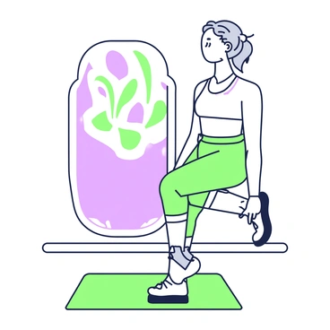 An elderly person is standing next to a support bar, gently performing a quadriceps stretch. They have gray hair tied back and are wearing comfortable athletic clothing. Their left hand is gripping the support bar for balance, while the right hand holds their right ankle, pulling it gently towards their glutes. The person's expression reflects focus and determination. The background features a yoga mat on the floor and a mirrored wall, enhancing the atmosphere of wellness and fitness.