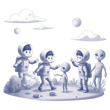 A group of children wearing astronaut suits is engaged in exploration on an alien planet. Each child has a distinct design on their suit that indicates individuality. The terrain features unusual rock formations and strange vegetation with unique shapes. The sky above is filled with multiple moons and large, floating clouds. Friendly extraterrestrials are interacting with the children; these beings have playful expressions and unique physical features, such as large eyes and varied body shapes. The children are pointing at the extraterrestrials and marveling at their surroundings, which includes bizarre plants and sparkling mineral deposits on the ground.