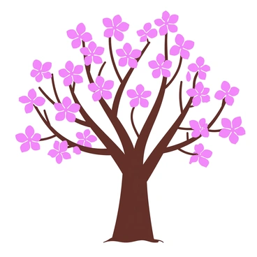 A cherry blossom tree with a thick brown trunk and long, slender branches. The branches are full of delicate pink flowers that are in full bloom, with a few petals gently falling to the ground. The background is clear, allowing the tree to stand out prominently.