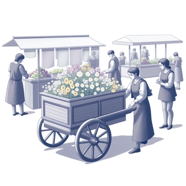 A medieval flower cart filled with an assortment of fresh blooms, including daisies, roses, and sunflowers. The cart is constructed of wood with intricate carvings and sturdy wheels. A figure, dressed in period-appropriate attire, is pushing the cart through a bustling marketplace. Surrounding the cart are various market stalls showcasing fruits, vegetables, and textiles. People are engaged in conversation, examining goods, and exchanging coins. The scene is lively, depicting the vibrant atmosphere of a medieval town square.