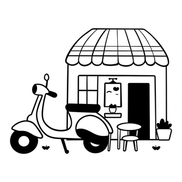 An old moped parked outside a cozy street-side café with a small table and chairs