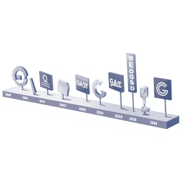 A visual timeline displaying the evolution of "Gant's logo" and its style over various decades. The timeline is divided into distinct sections, each representing a specific decade with a clear progression. Each section includes a large depiction of the logo from that particular decade, showcasing design elements such as font changes, color variations, and stylistic features. Surrounding the logos are significant design motifs and fashion trends that align with the era, reflecting how these elements influenced the brand's identity. The timeline flows horizontally, with each decade clearly labeled and accentuated by visual markers or lines to indicate the passage of time.