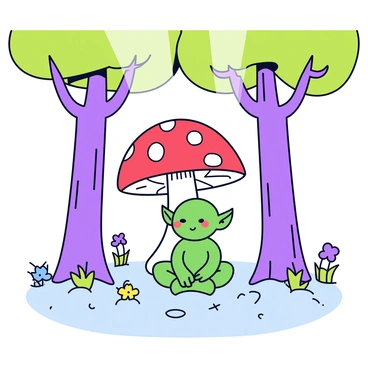 A lone goblin with green skin and pointy ears is sitting cross-legged under a large, red mushroom with white spots. The mushroom has a broad cap that provides shade. Surrounding the mushroom are tall trees with thick trunks and vibrant green leaves. The ground is covered with soft moss and colorful flowers. Thin shafts of light filter through the tree canopy, illuminating the goblin's curious expression.