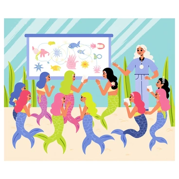 A vibrant underwater classroom filled with young mermaids of various colors and styles. Each mermaid has long flowing hair adorned with seashells and coral decorations. The elderly mermaid teacher, with silver hair and a wise expression, stands at the front of the classroom, gesturing towards a large seashell chalkboard displaying colorful diagrams of marine life. The walls of the classroom are made of shimmering sea glass, and the floor is covered in soft sand. Sunlight filters down from the surface, creating dappled patterns of light around the eager young mermaids, who are attentively listening and taking notes on pieces of kelp.