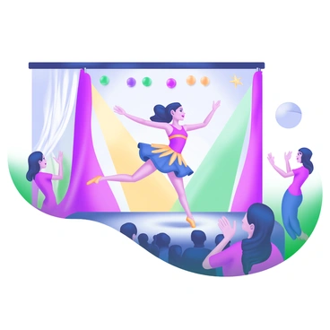 A scene featuring a talented dancer in a vibrant costume, gracefully performing on stage. She is in mid-leap, with her arms extended and a look of focus on her face. The stage is illuminated with colorful lights, highlighting her movements. The audience can be seen in the foreground, mesmerized by her performance, with some people clapping and others cheering. In the background, there are soft curtains that add depth to the stage setting.