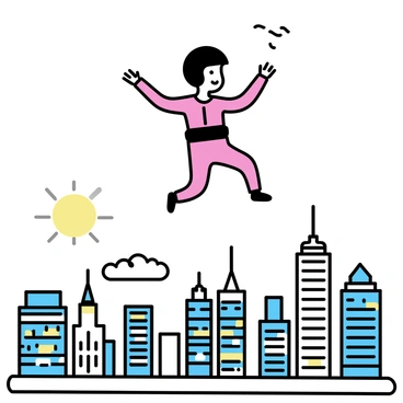 A base jumper, wearing a bright red jumpsuit and a black helmet, is free-falling through the sky. Below, a sprawling city skyline is visible, featuring tall skyscrapers and bustling streets. The sun is setting, casting an orange glow on the buildings, enhancing the urban landscape beneath. The jumper's arms are outstretched, creating a dynamic pose as they descend.